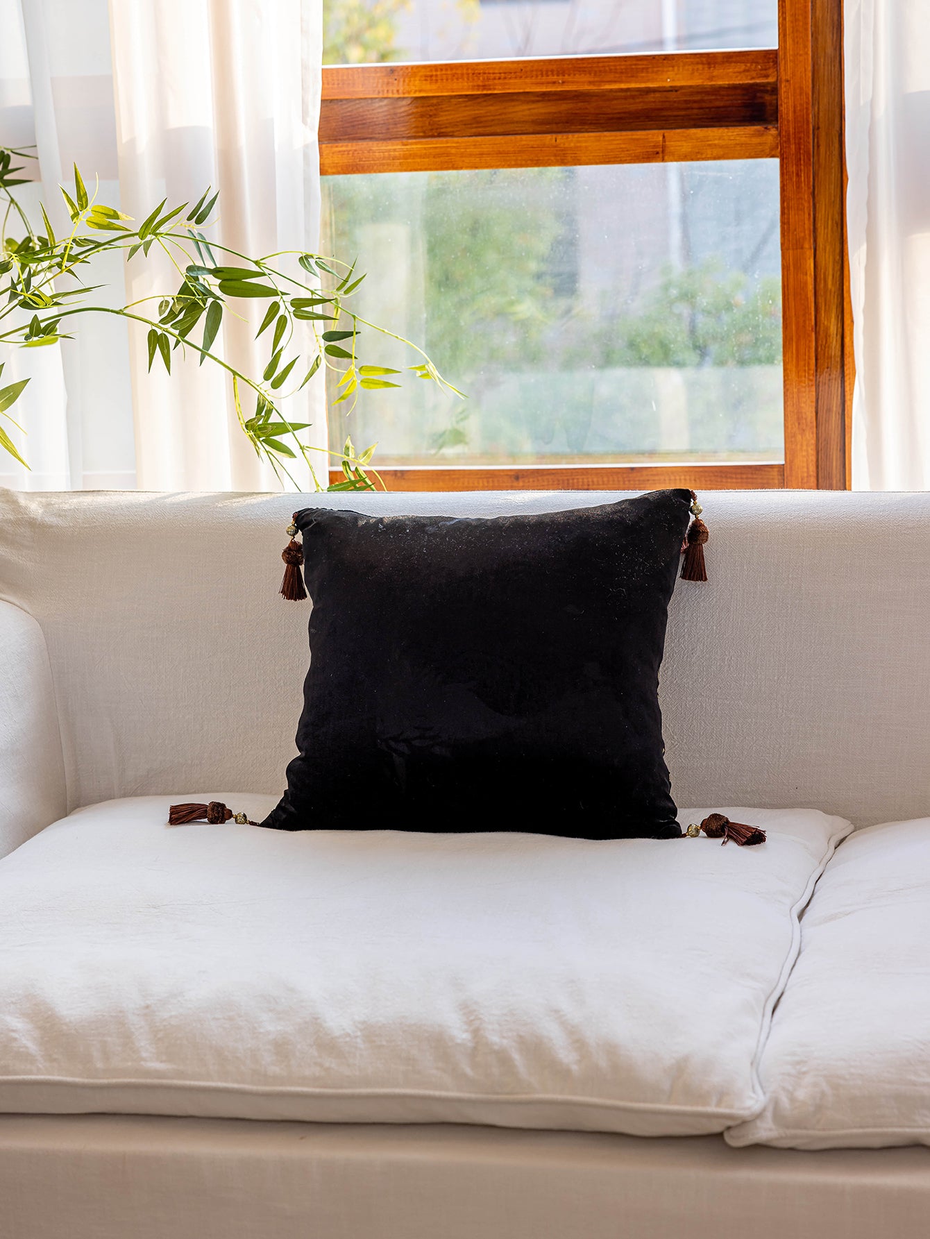Chinoiserie Black Gilding Floral Branches Throw Pillow with Tassels