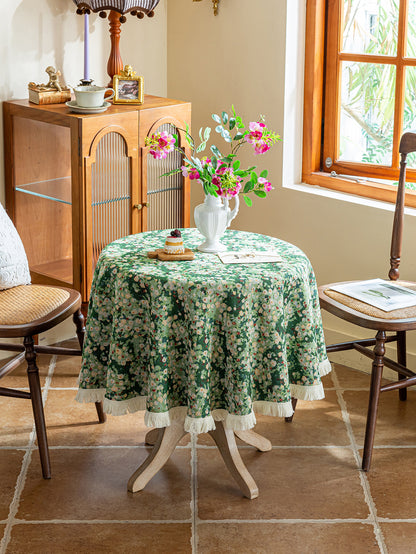LaLuna Home Green Meadow Jacquard Round Tablecloth with Tassels