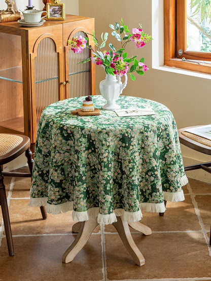 LaLuna Home Green Meadow Jacquard Round Tablecloth with Tassels