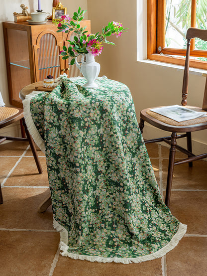 LaLuna Home Green Meadow Jacquard Round Tablecloth with Tassels