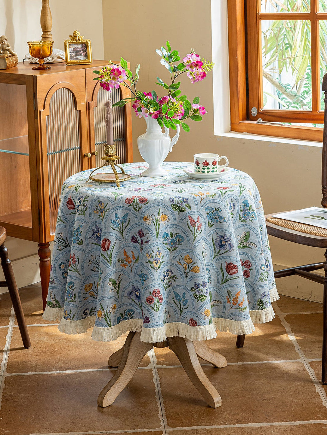 LaLuna Home Round Thousand Blooms Jacquard Tablecloth with Tassels - Blue