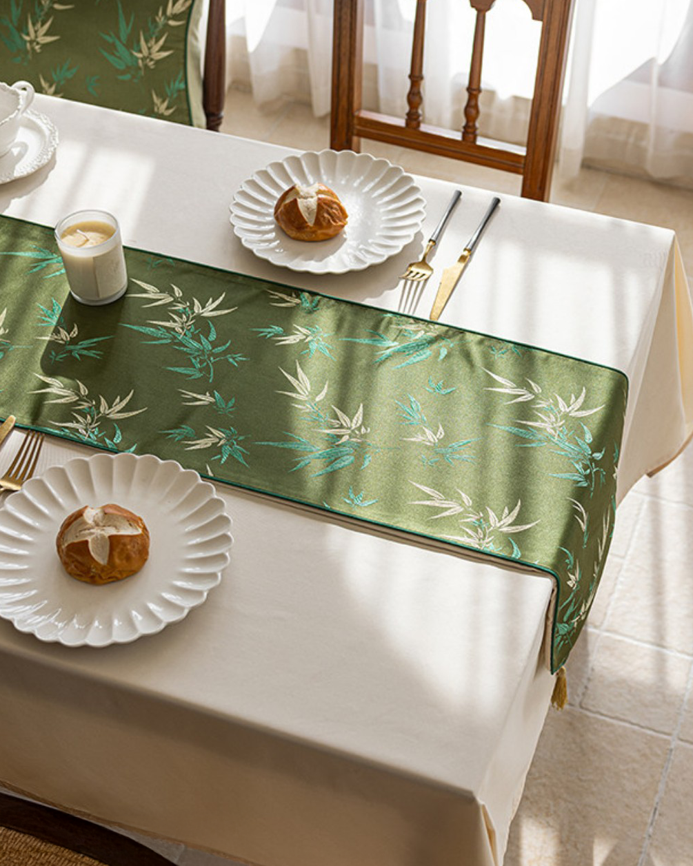 LaLuna Home Chinoiserie  Bamboo Embroidered Table Runner with Tassels