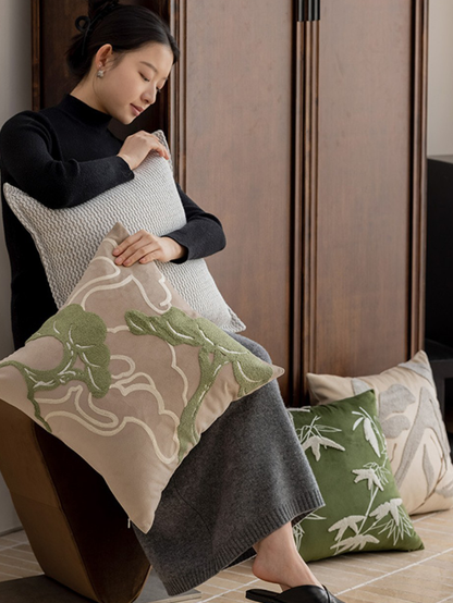 LaLuna Home Chinoiserie Pine Tree Embroidered Velvet Throw Pillow