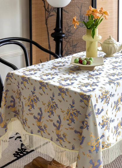 LaLuna Home Chinoiserie Loong Feng Pattern Jacquard Tablecloth with Tassels