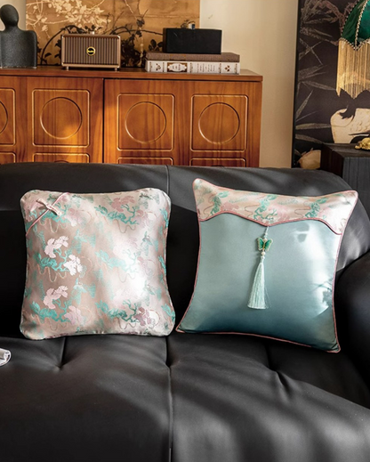 LaLuna Home Chinoiserie  Pine-Crane Pattern Throw Pillow with Butterfly Tassels