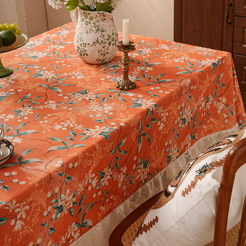 Chinoiserie Retro Orange Floral Tablecloth with Lace Ruffled Trim