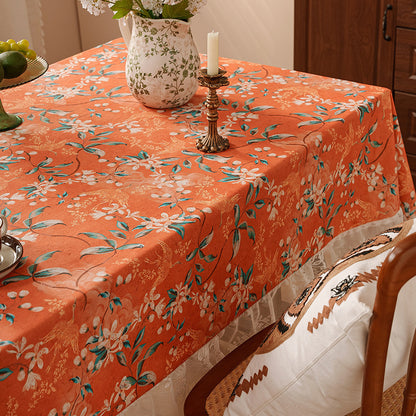 Chinoiserie Retro Orange Floral Tablecloth with Lace Ruffled Trim