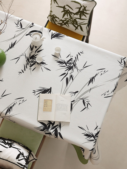 LaLuna Home Chinoiserie  Green Bamboo Tablecloth Ivory Base & Black Leaves