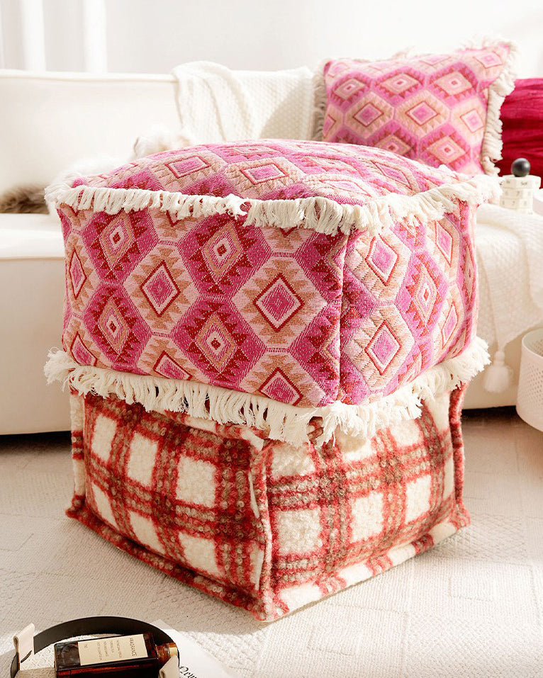 LaLuna Home Bohemian Pink Geometric Pattern Jacquard Pouf Cover