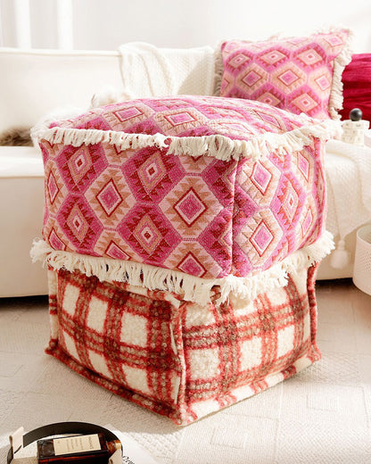 LaLuna Home Bohemian Pink Geometric Pattern Jacquard Pouf Cover