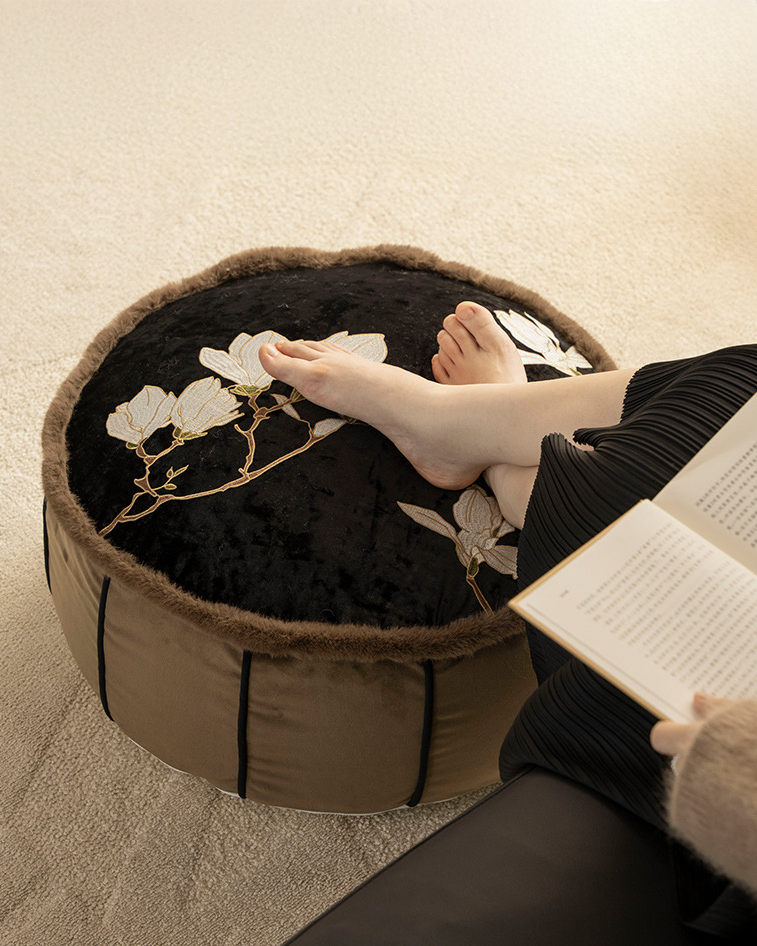 LaLuna Home Chinoiserie Magnolia Embroidered Velvet Pouf Cover