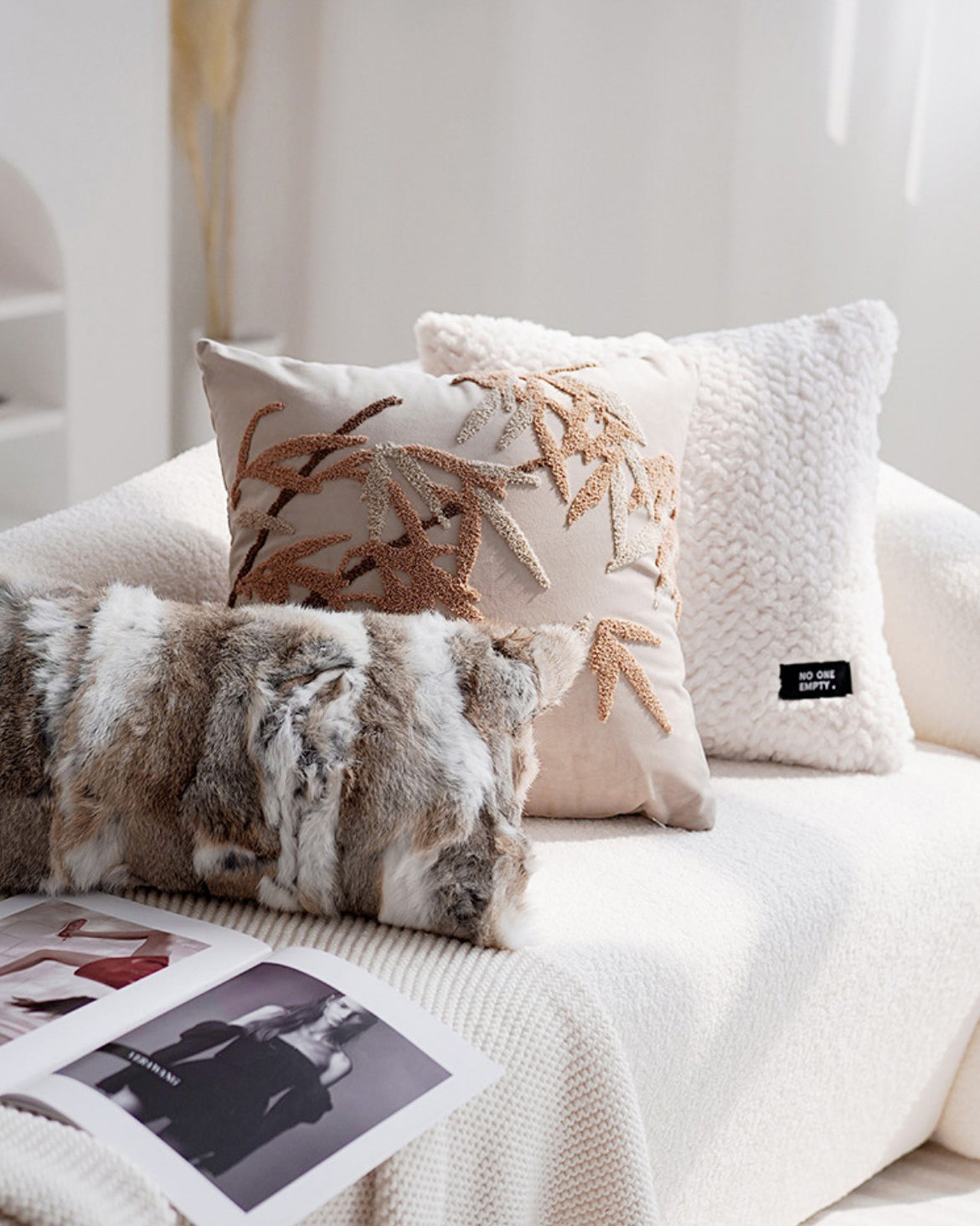 LaLuna Home Chinoiserie Bamboo Embroidered Velvet Throw Pillow - Beige