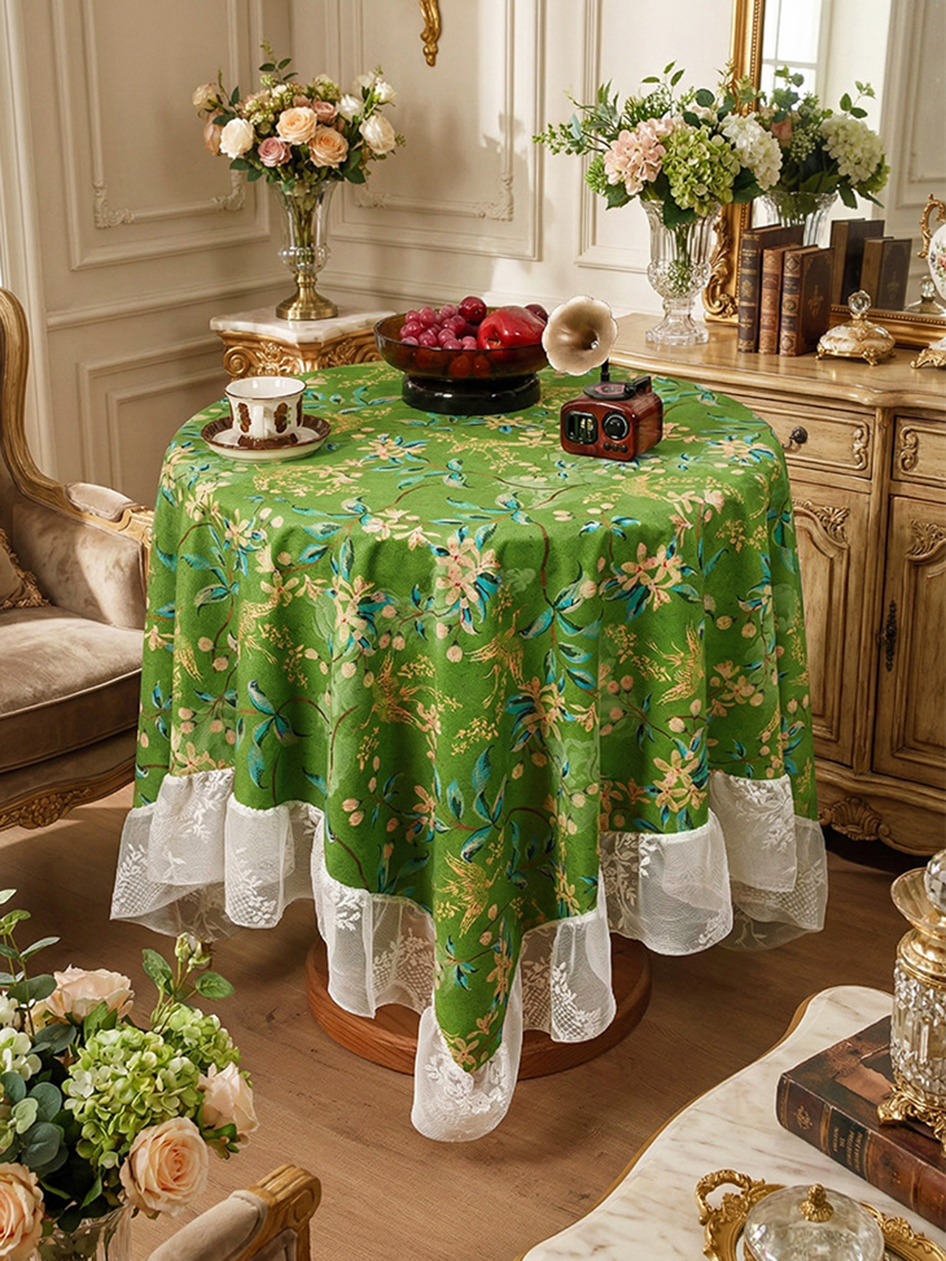 Chinoiserie Verdant Floral Tablecloth with Lace Ruffled Trim