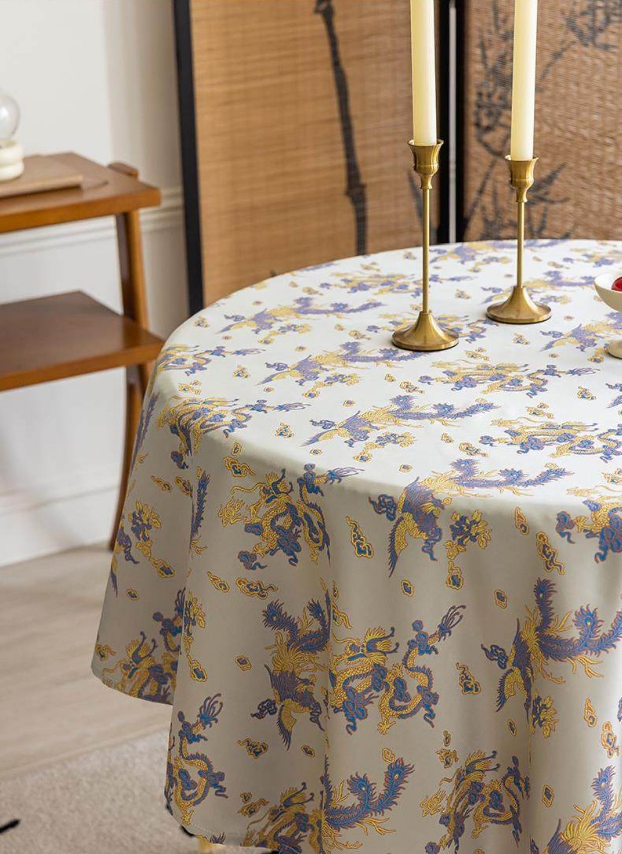LaLuna Home Chinoiserie Loong Feng Pattern Jacquard Tablecloth with Tassels