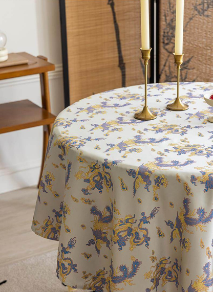LaLuna Home Chinoiserie Loong Feng Pattern Jacquard Tablecloth with Tassels