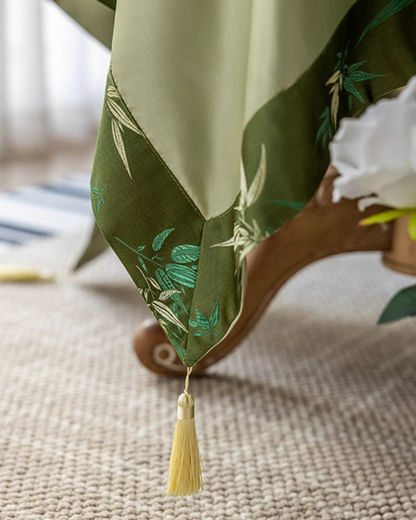 LaLuna Home Chinoiserie  Bamboo Embroidered Tablecloth with Tassels 140*220cm / 55*87in
