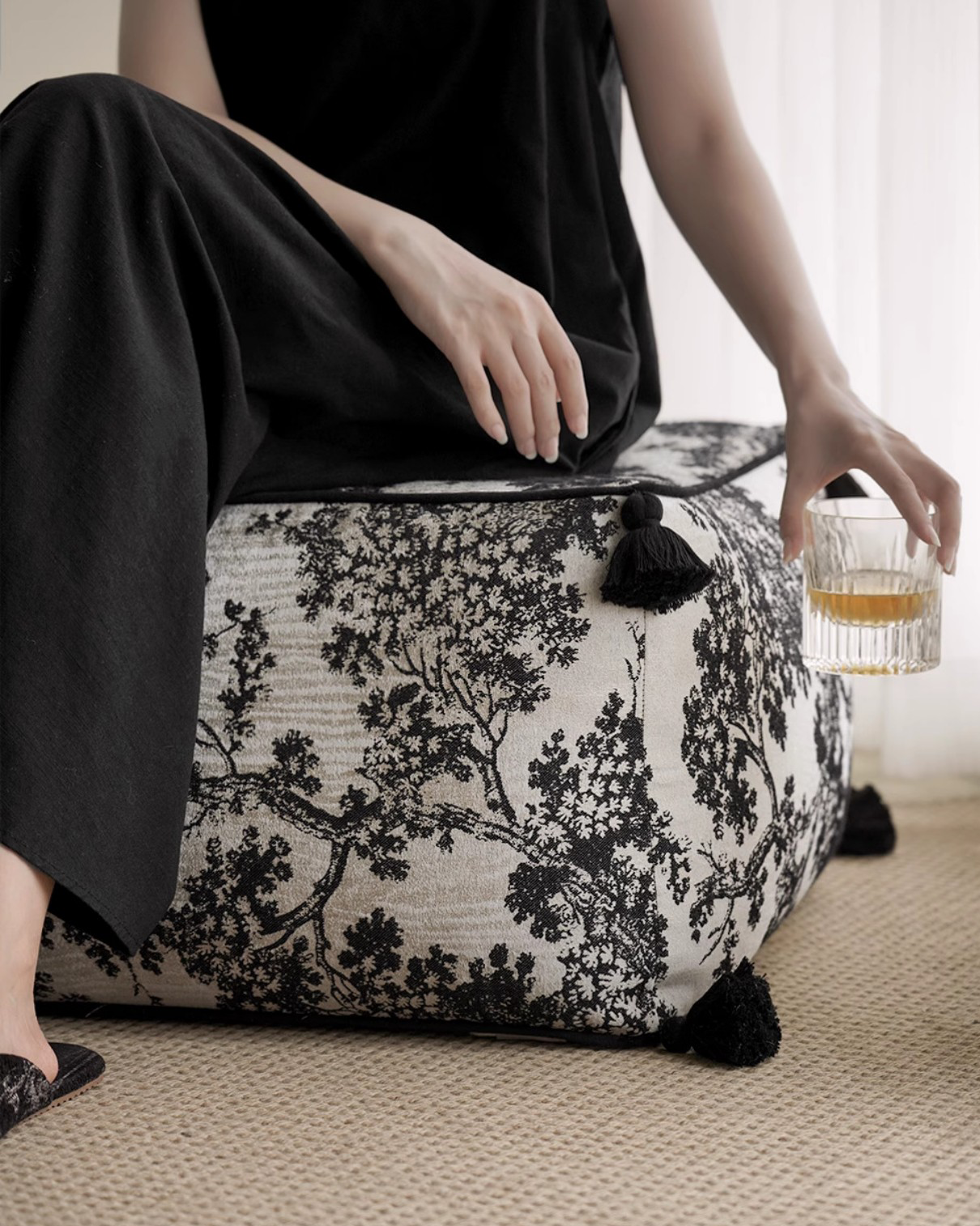 LaLuna Home Chinoiserie Ink-Painting Bayberry Tree Jacquard Pouf Cover - Square