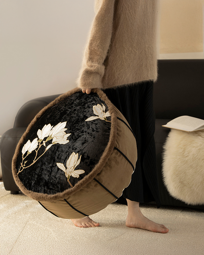 LaLuna Home Chinoiserie Magnolia Embroidered Velvet Pouf Cover