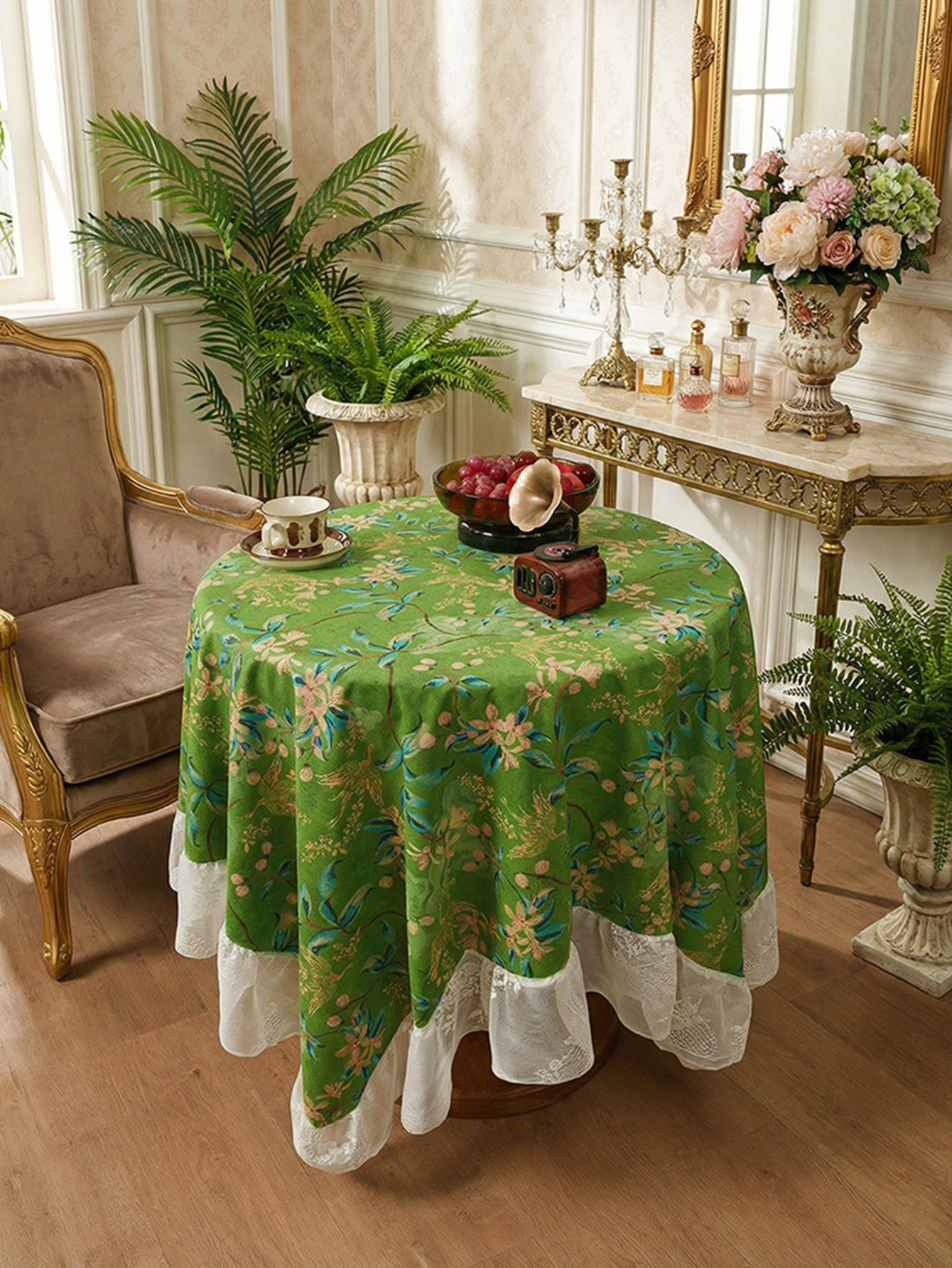 Chinoiserie Verdant Floral Tablecloth with Lace Ruffled Trim