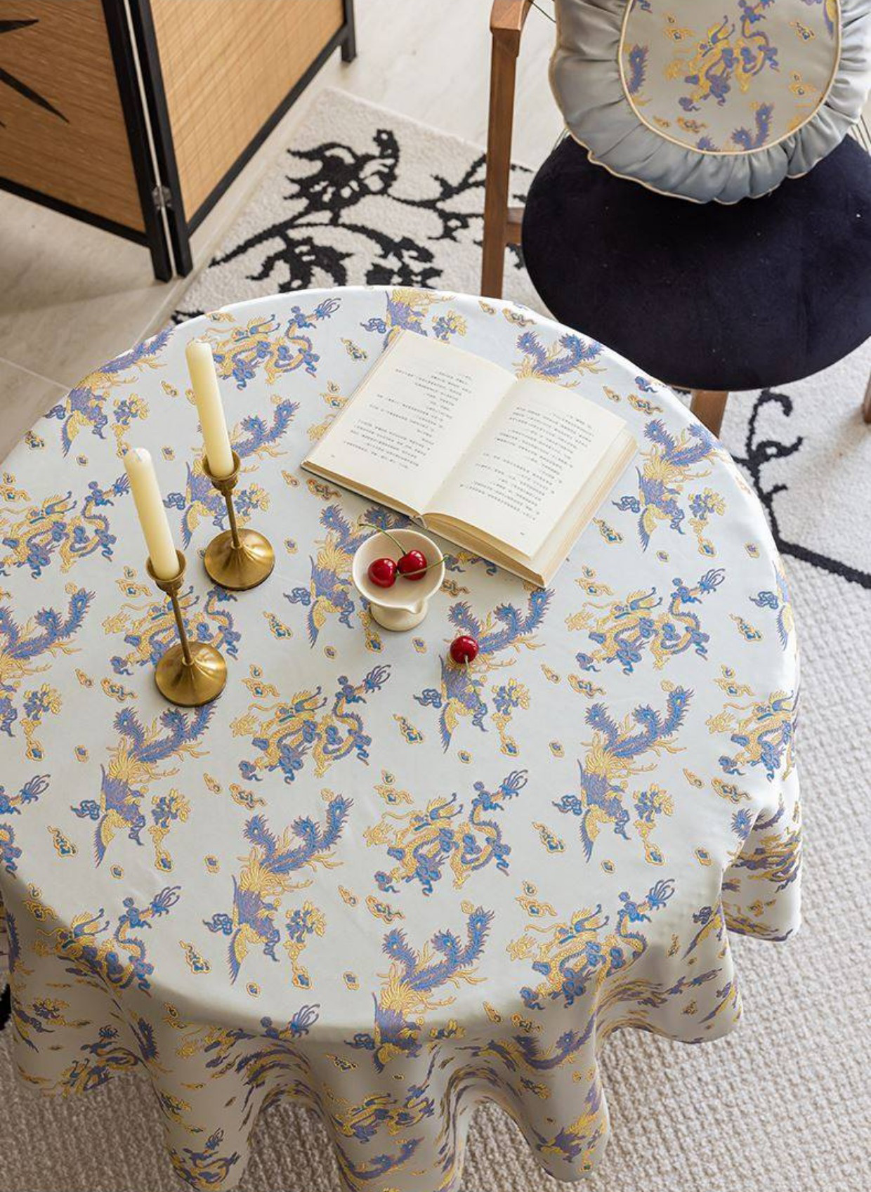 LaLuna Home Chinoiserie Loong Feng Pattern Jacquard Tablecloth with Tassels