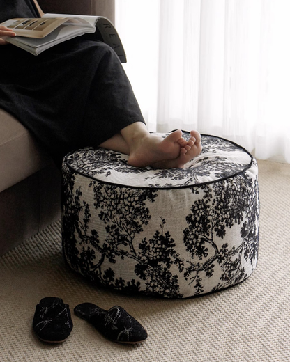 LaLuna Home Chinoiserie Ink-Painting Bayberry Tree Jacquard Pouf Cover - Round
