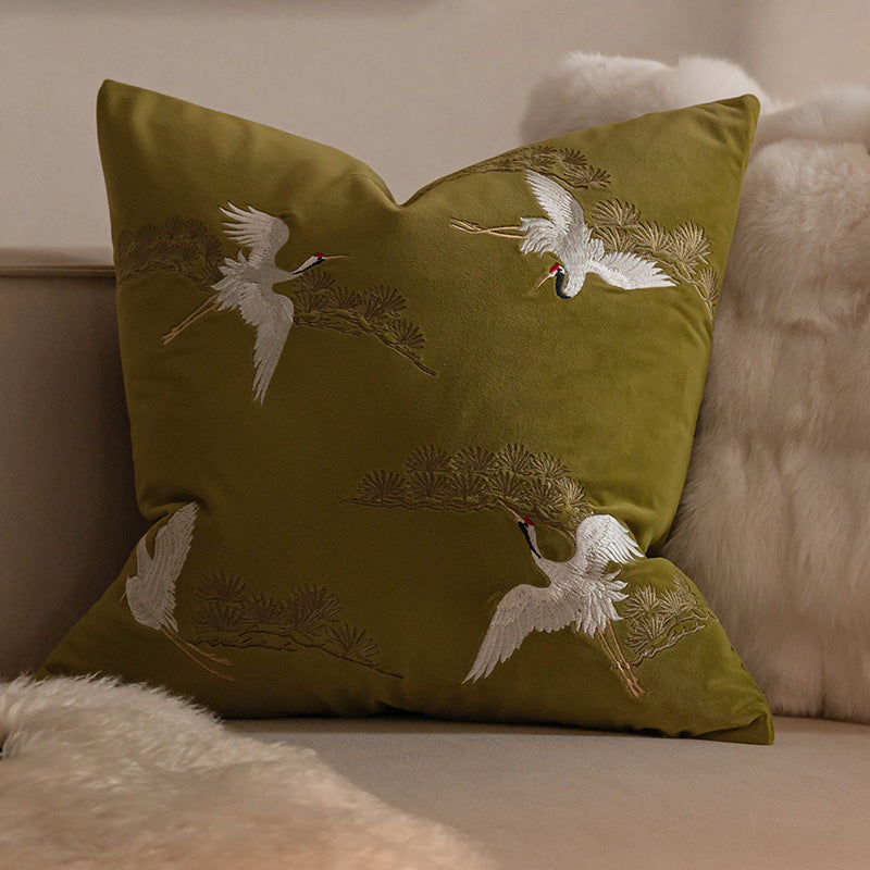 LaLuna Home Chinoiserie Pine&Crane Embroidered Velvet Throw Pillow - Green
