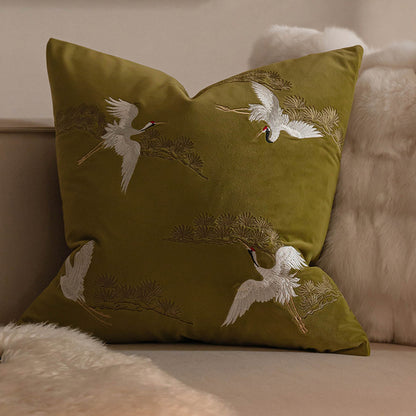 LaLuna Home Chinoiserie Pine&Crane Embroidered Velvet Throw Pillow - Green