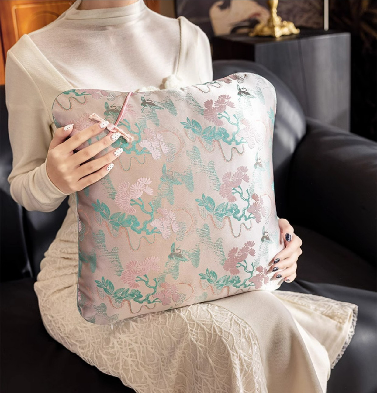 LaLuna Home Chinoiserie  Pine-Crane Pattern Throw Pillow with Classic Frog Knots