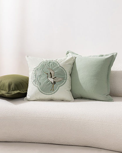 LaLuna Home Chinoiserie Cloud Crane Embroidered Velvet Throw Pillow