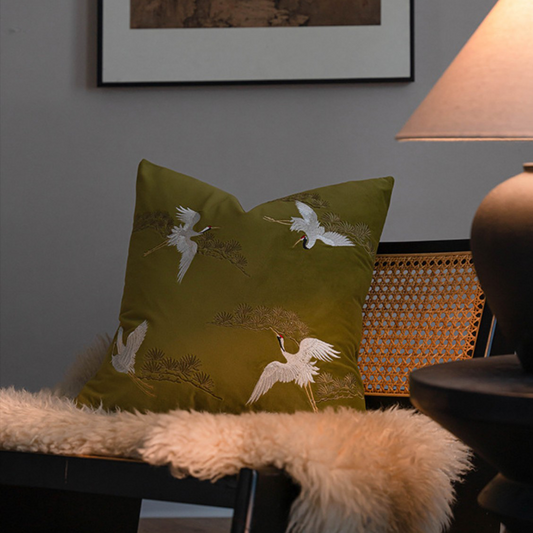 LaLuna Home Chinoiserie Pine&Crane Embroidered Velvet Throw Pillow - Green