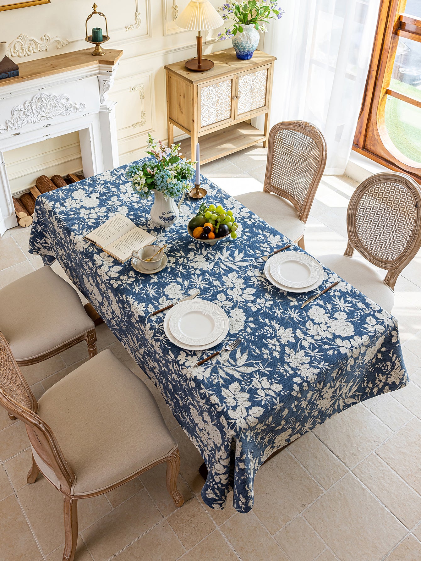 LaLuna Home Full Garden Chenille Jacquard  Tablecloth - Blue