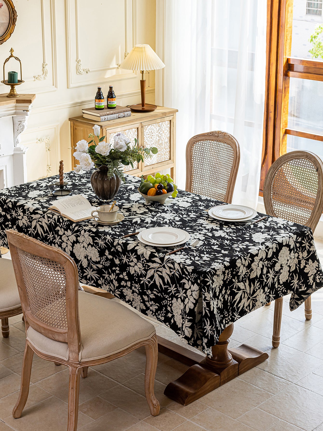 LaLuna Home Full Garden Chenille Jacquard  Tablecloth - Black