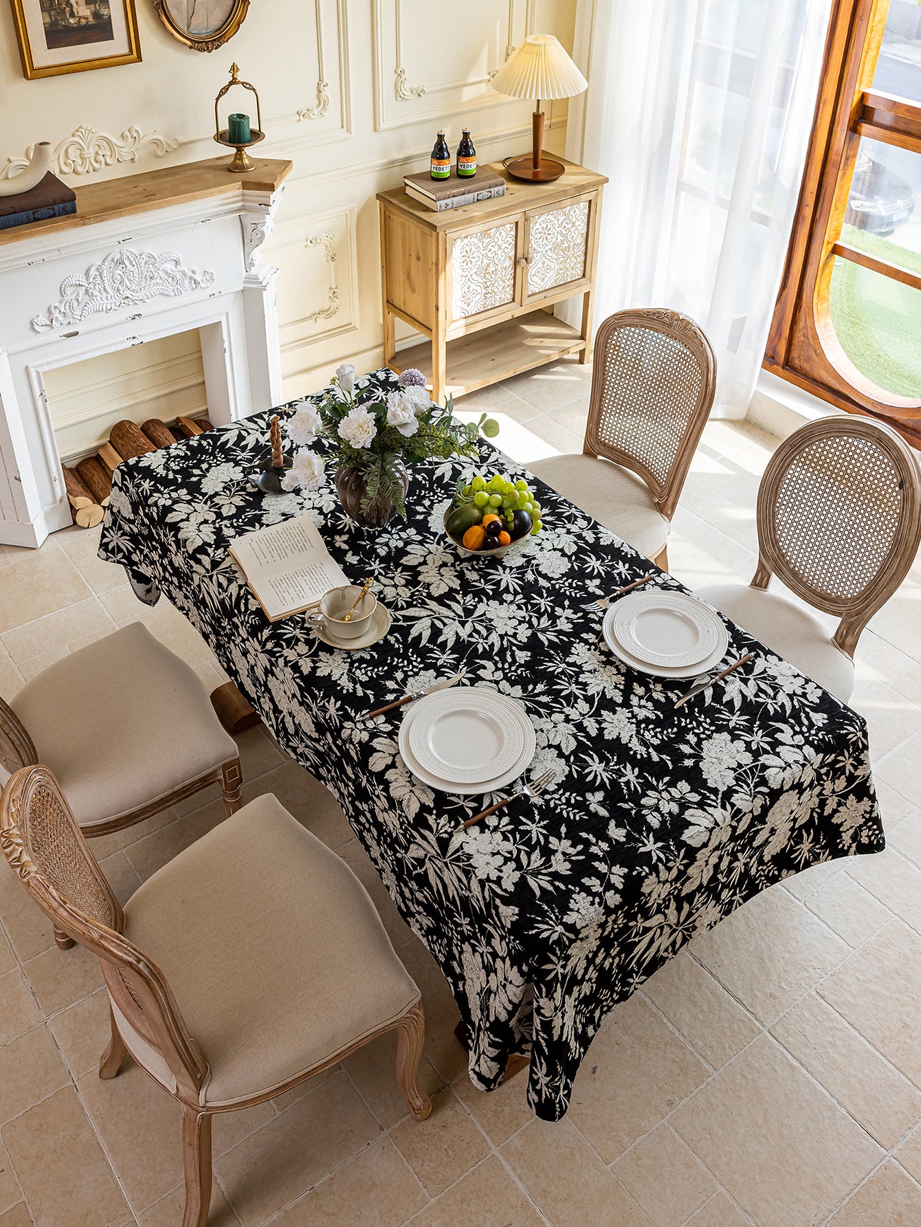 LaLuna Home Full Garden Chenille Jacquard  Tablecloth - Black