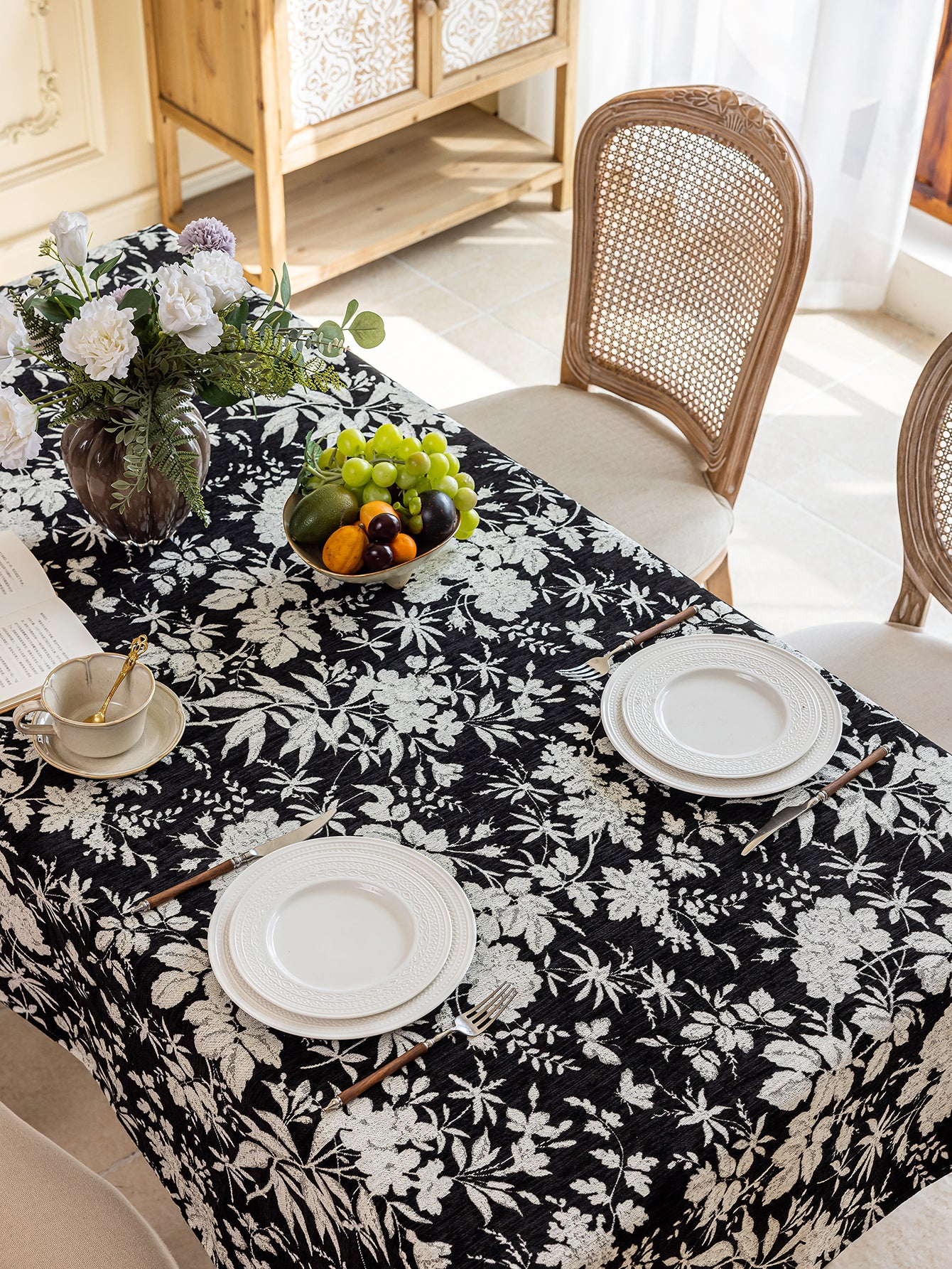 LaLuna Home Full Garden Chenille Jacquard  Tablecloth - Black