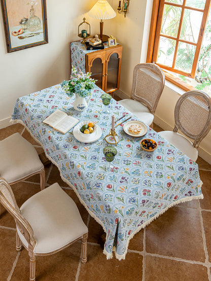 LaLuna Home Thousand Blooms Jacquard  Tablecloth with Tassels - Blue