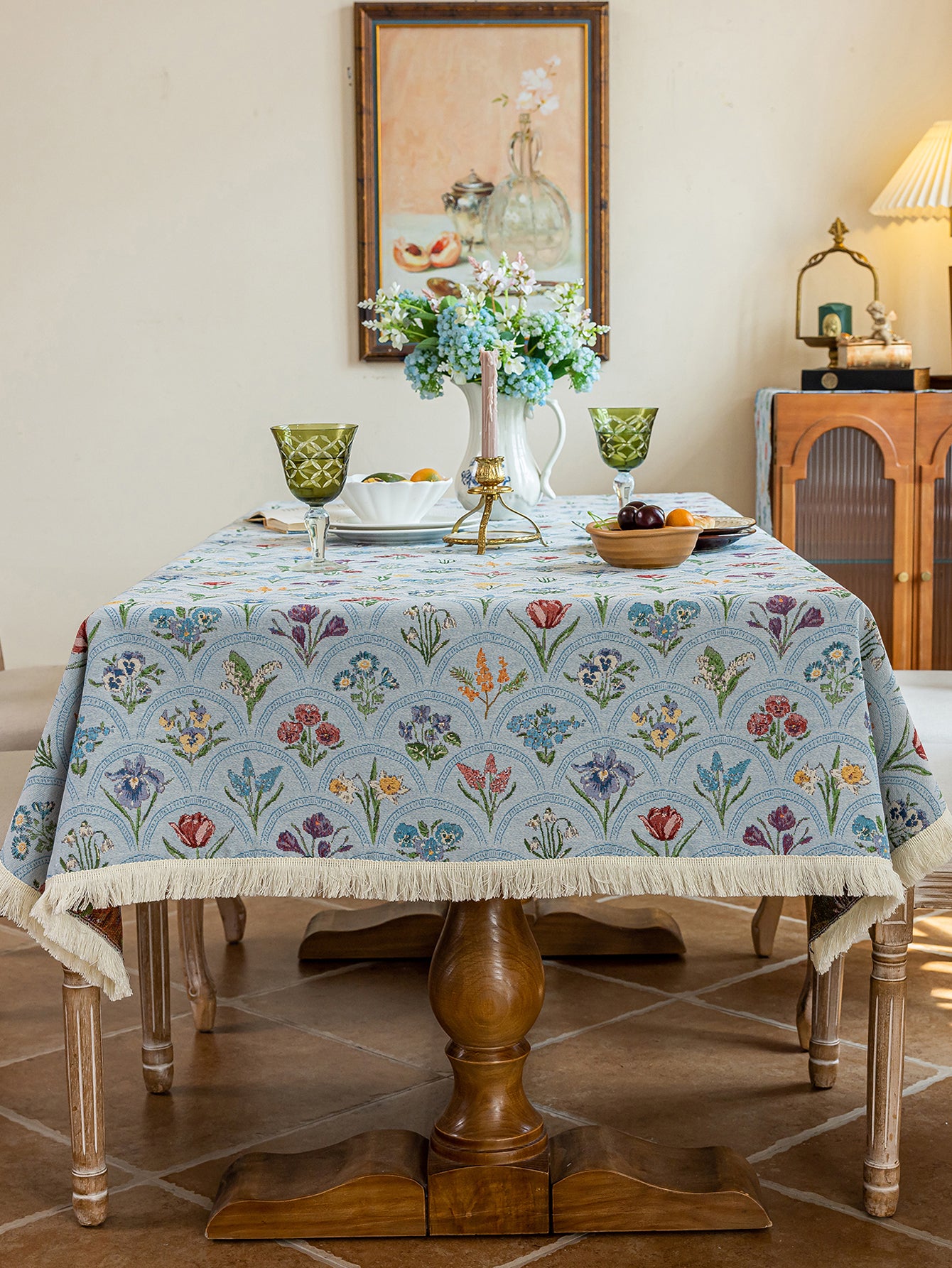 LaLuna Home Thousand Blooms Jacquard  Tablecloth with Tassels - Blue