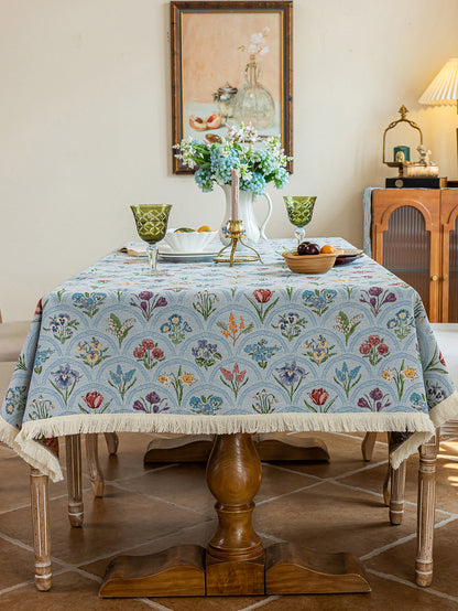 LaLuna Home Thousand Blooms Jacquard  Tablecloth with Tassels - Blue
