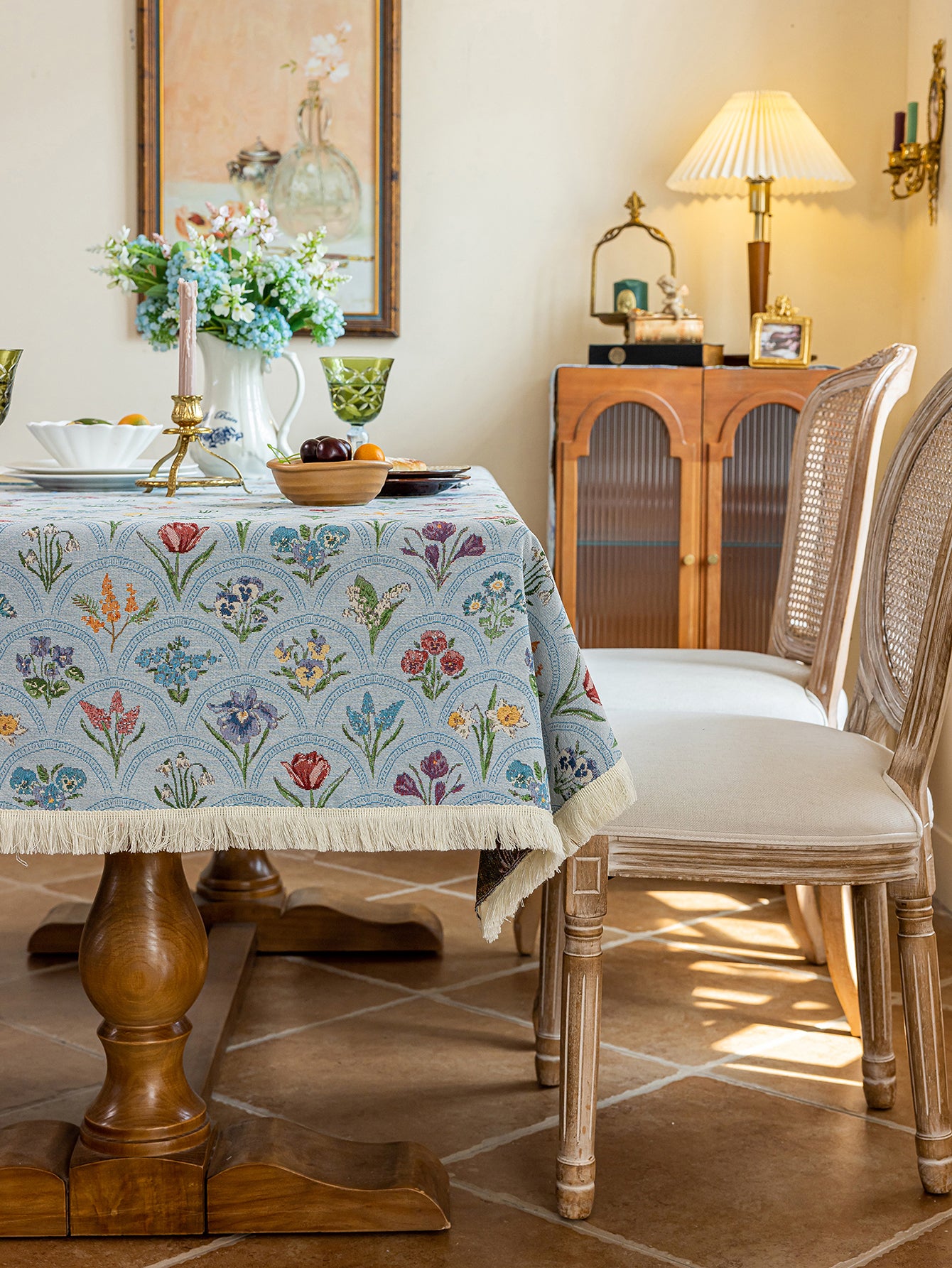 LaLuna Home Thousand Blooms Jacquard  Tablecloth with Tassels - Blue