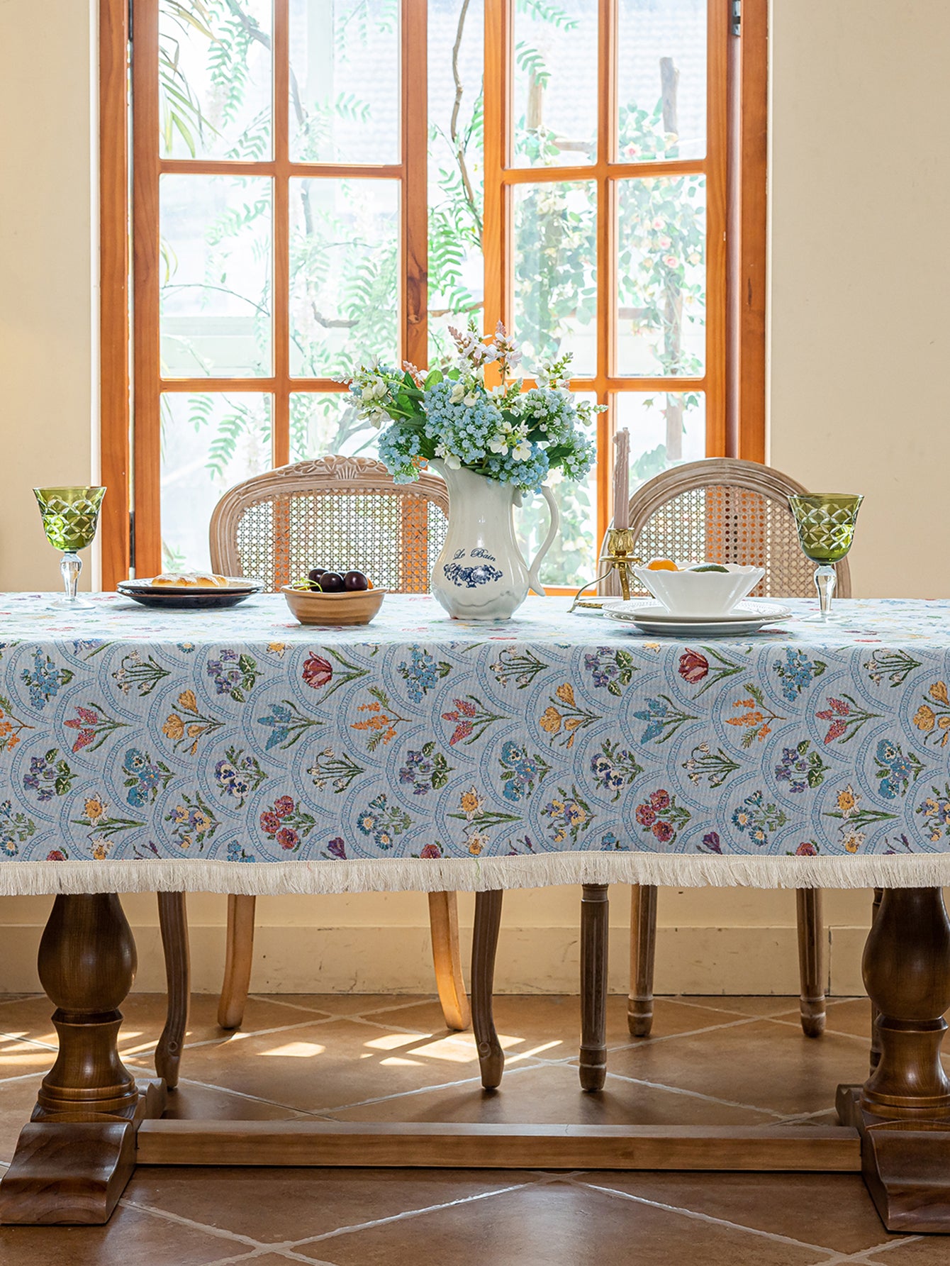 LaLuna Home Thousand Blooms Jacquard  Tablecloth with Tassels - Blue