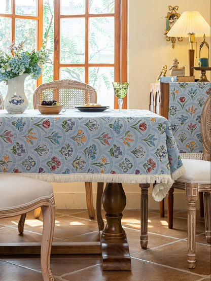 LaLuna Home Thousand Blooms Jacquard  Tablecloth with Tassels - Blue