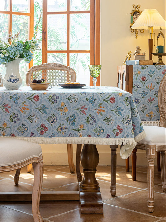 LaLuna Home Thousand Blooms Jacquard  Tablecloth with Tassels - Blue