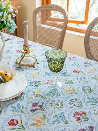 LaLuna Home Thousand Blooms Jacquard  Tablecloth with Tassels - Blue