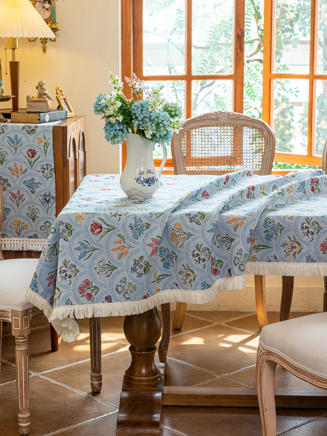 LaLuna Home Thousand Blooms Jacquard  Tablecloth with Tassels - Blue