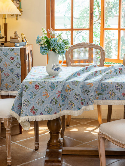 LaLuna Home Thousand Blooms Jacquard  Tablecloth with Tassels - Blue
