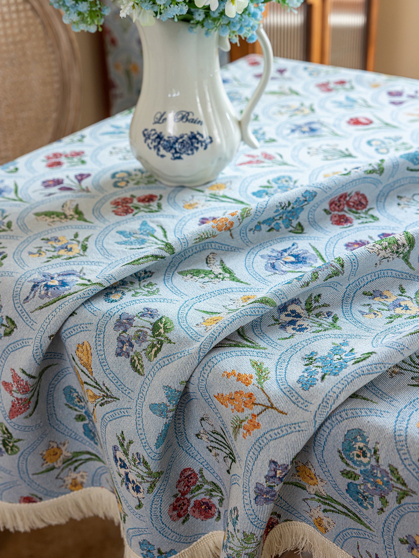 LaLuna Home Thousand Blooms Jacquard  Tablecloth with Tassels - Blue