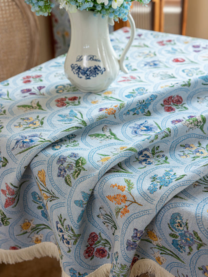 LaLuna Home Thousand Blooms Jacquard  Tablecloth with Tassels - Blue