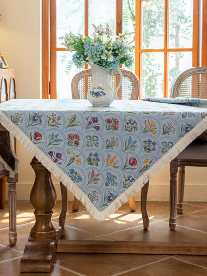 LaLuna Home Thousand Blooms Jacquard  Tablecloth with Tassels - Blue