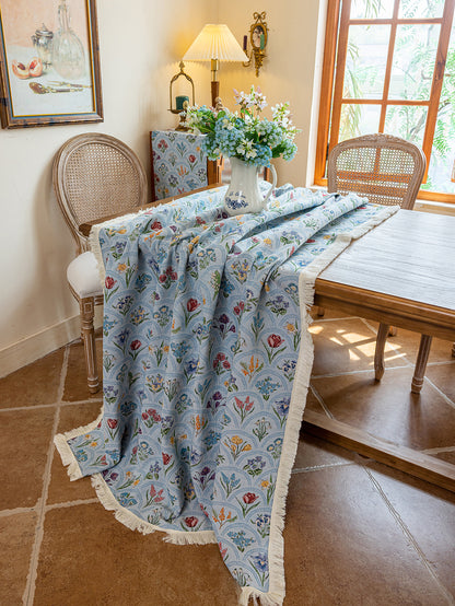 LaLuna Home Thousand Blooms Jacquard  Tablecloth with Tassels - Blue