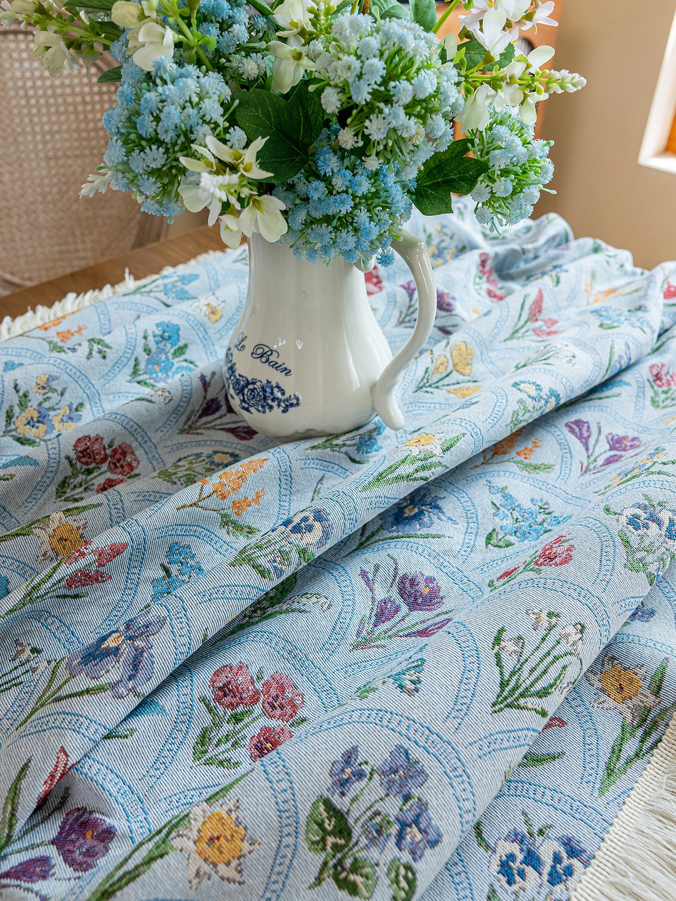 LaLuna Home Thousand Blooms Jacquard  Tablecloth with Tassels - Blue