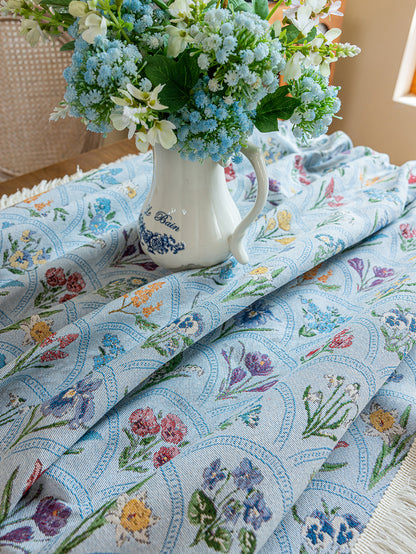 LaLuna Home Thousand Blooms Jacquard  Tablecloth with Tassels - Blue